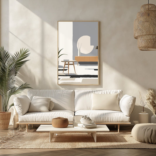 Chic mid-century modern indoor scene digital art print named &#39;Calista Calm&#39; featuring minimalist design and neutral color palette.