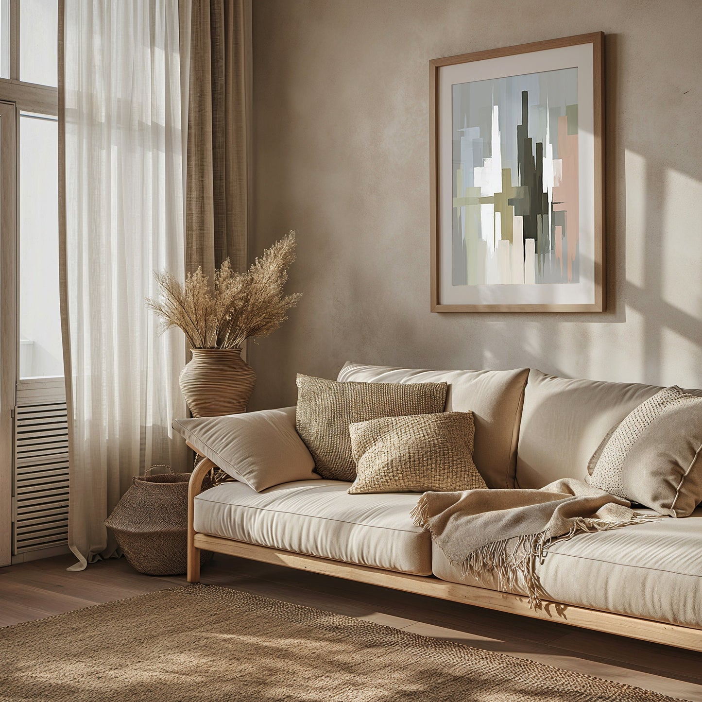 Abstract geometric digital painting in muted earth tones, with vertical and horizontal lines creating a harmonious urban canvas, displayed in a modern interior setting.