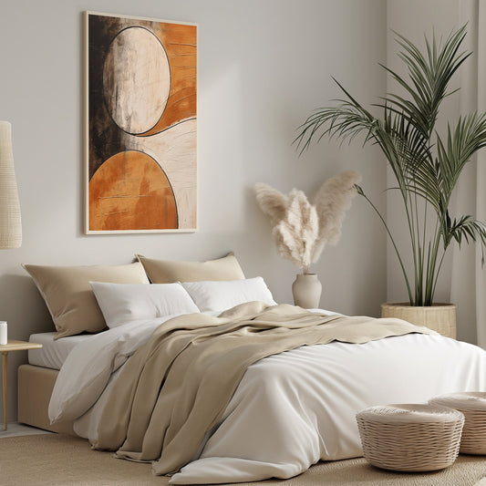 Minimalist art print named &#39;Solar Flair&#39; with abstract representations of the sun in warm earth tones, ideal for creating a cozy and inviting home atmosphere.