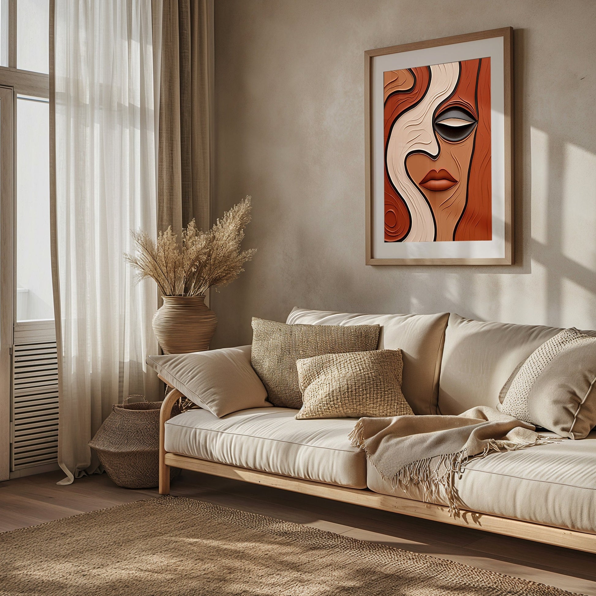 The artwork &quot;Mystique Gaze&quot; features an abstract depiction of a female face with striking lines and bold shades of orange, creating a stylish and contemporary visual for modern wall decor.