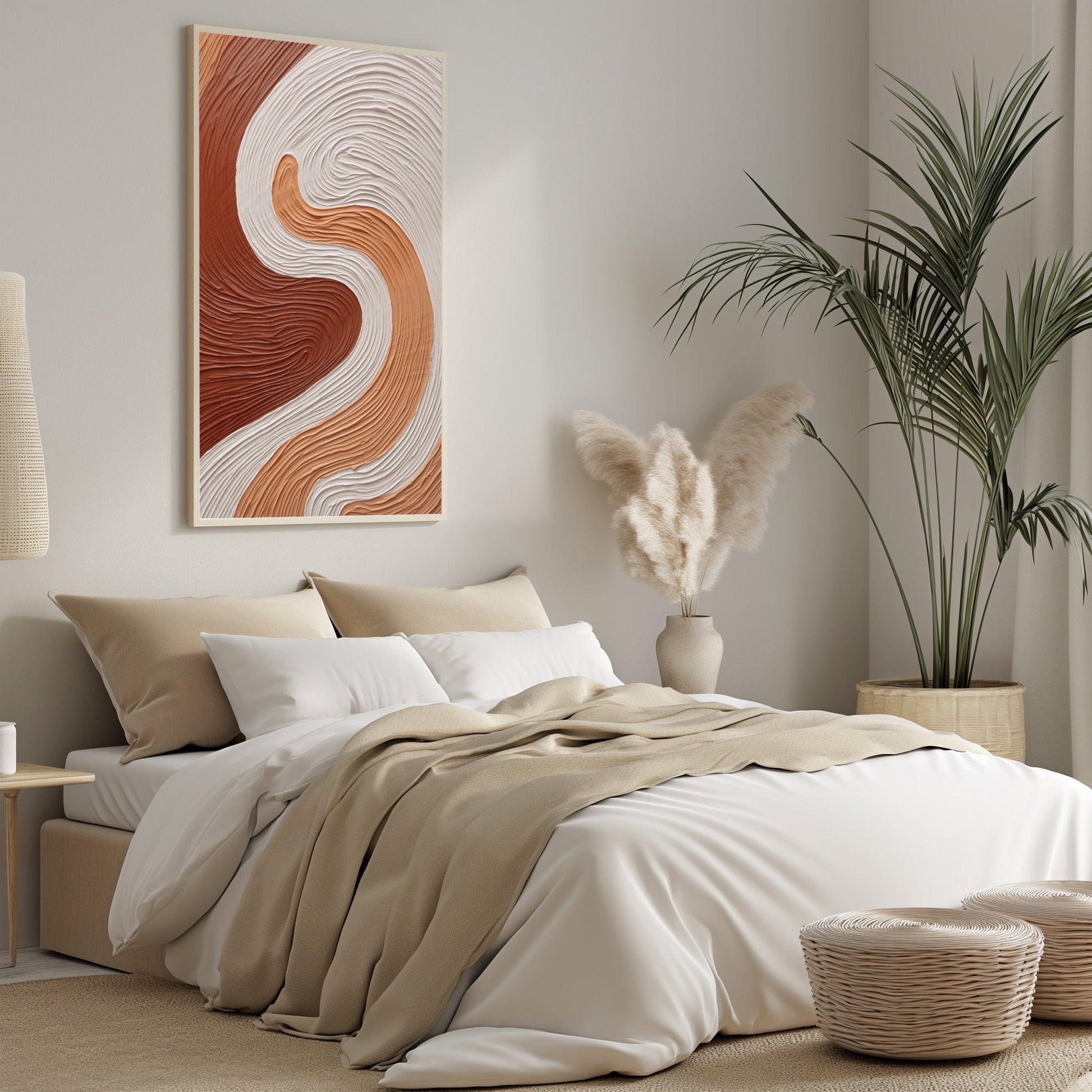 An abstract digital print titled &#39;Whispering Waves&#39; featuring smooth, wave-like swirls in calming earth tones of brown and white, designed to bring a tranquil and sophisticated atmosphere to any modern interior space.