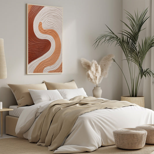 An abstract digital print titled &#39;Whispering Waves&#39; featuring smooth, wave-like swirls in calming earth tones of brown and white, designed to bring a tranquil and sophisticated atmosphere to any modern interior space.