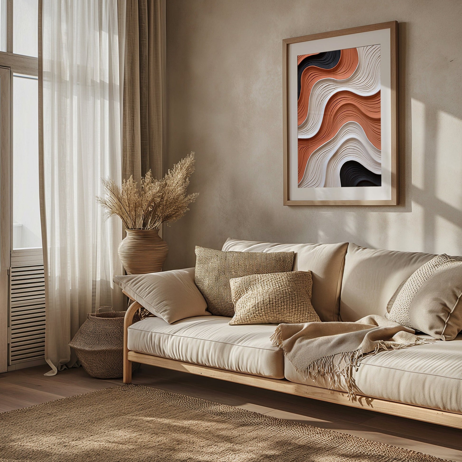 Waves of Tranquility&#39; features elegant, flowing lines in a harmonious blend of black, white, and earth tones, creating an abstract wave design that adds a touch of elegance and peacefulness to any modern living space.