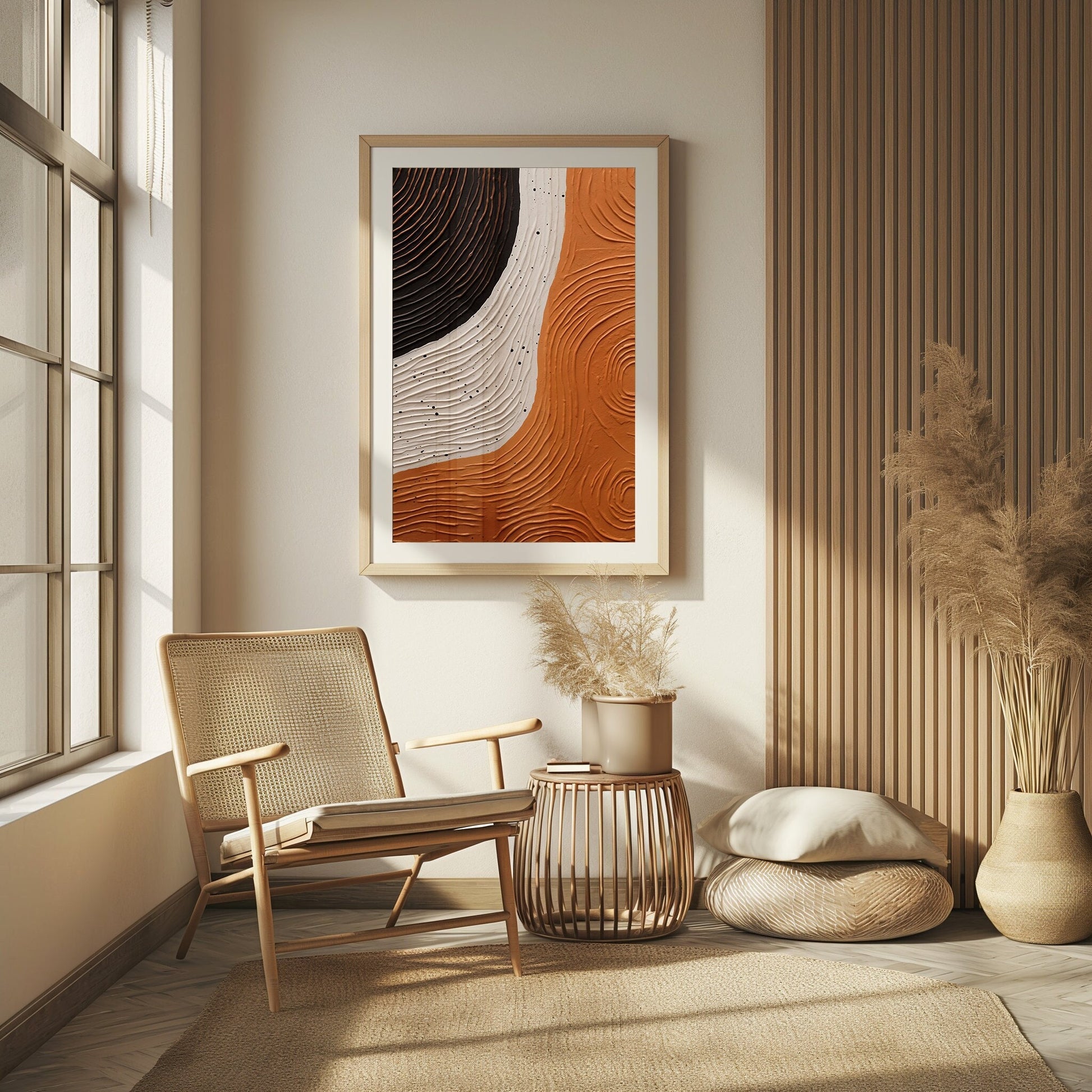 An elegant abstract art print, &#39;Harmony Curve&#39;, showcasing smooth, curved lines in a warm palette of black, white, and orange, ideal for creating a serene and inviting atmosphere in a contemporary home setting.