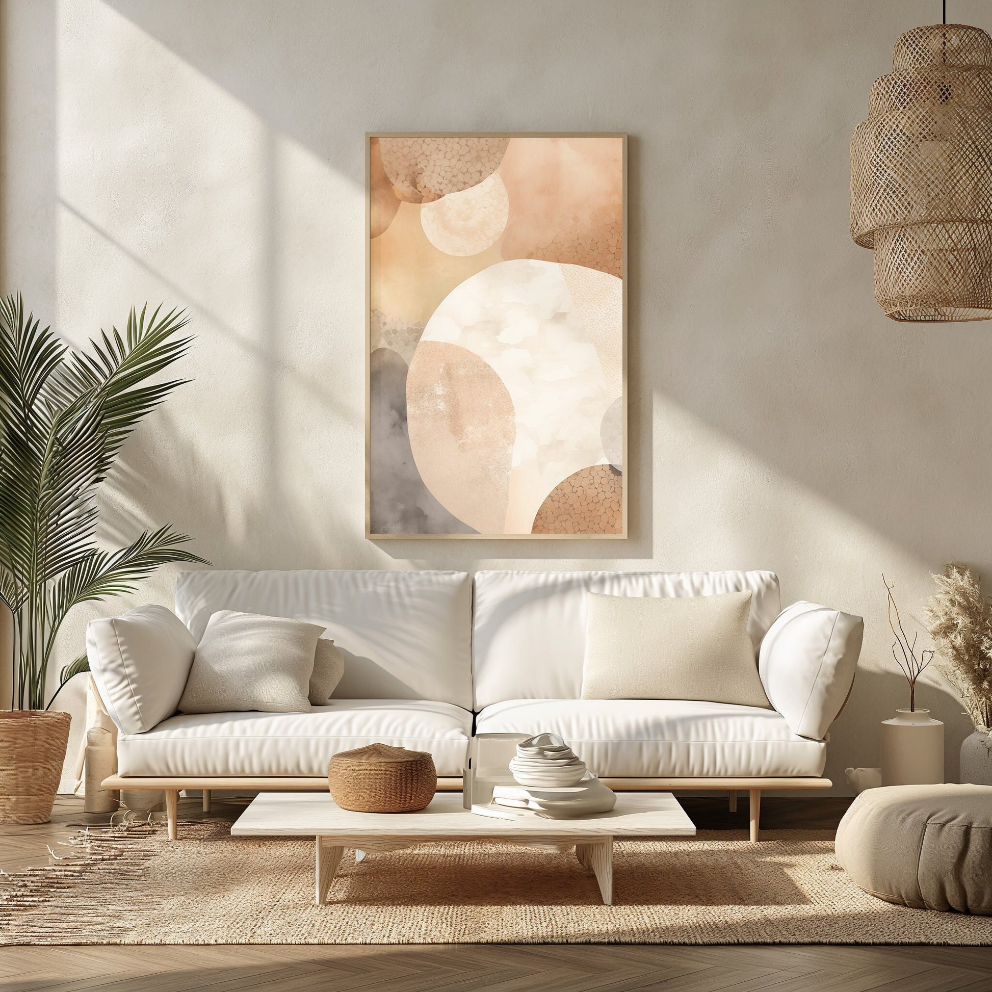 &quot;Calm Constellations,&quot; a downloadable digital print, displays a serene composition of geometric circles in soft, subdued tones, providing a peaceful and minimalist aesthetic to modern home decor.