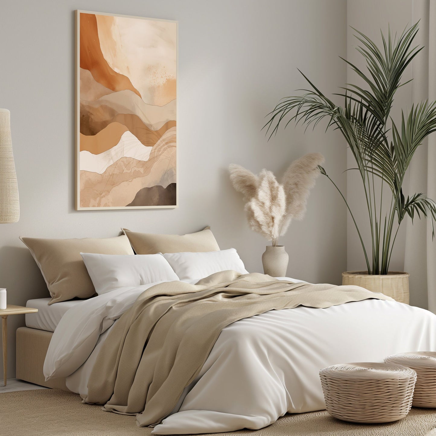 A downloadable digital art piece, "Amber Terrain," with smooth, abstract layers in warm amber and neutral tones, creating a tranquil and inviting landscape atmosphere for home decor.