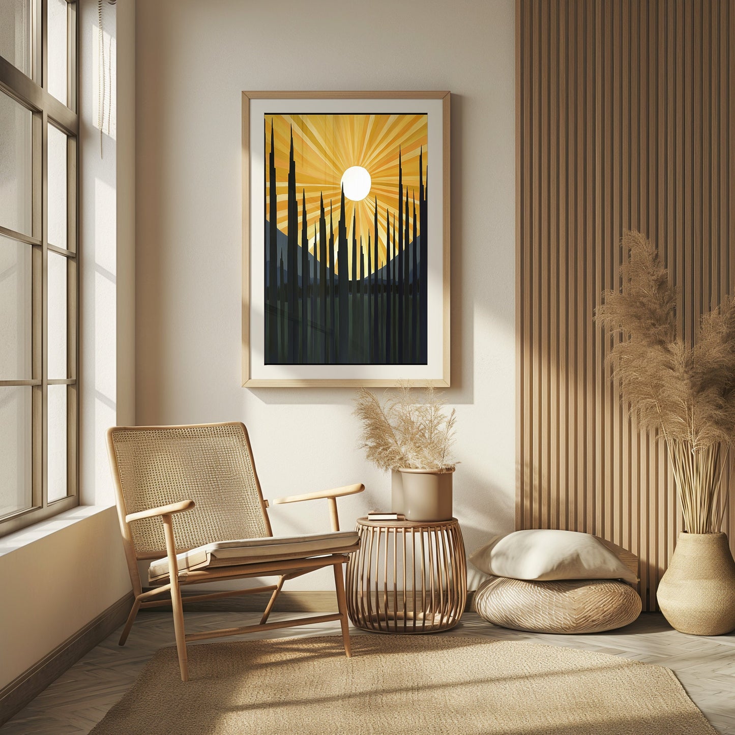 Sunrise Forest Abstract, Digital Art Print, Modern Nature Decor, Printable Wall Art, Beige Bedroom Aesthetic, Radiant Sun, Geometric Trees