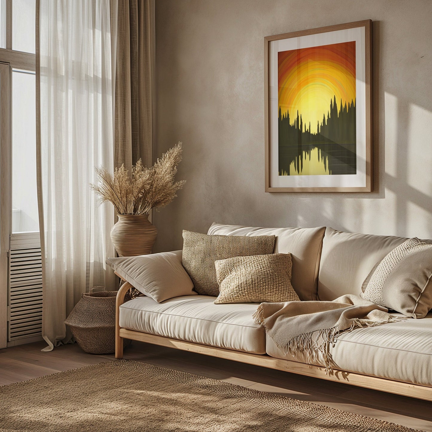 Digital art of a serene sunrise over a lake with a reflection of the forest silhouette on water, in golden and amber hues, ideal for a peaceful bedroom ambiance.