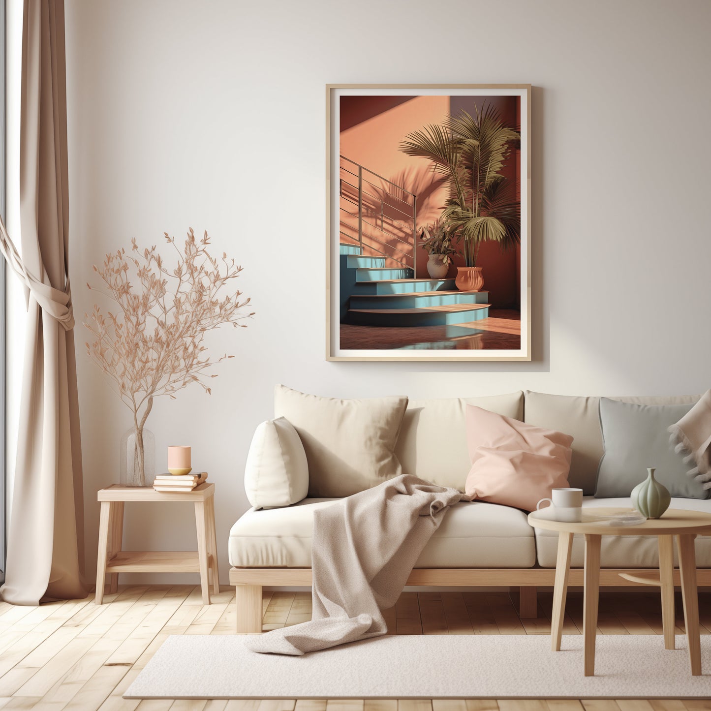 Sunset Oasis Digital Artwork, Tropical Stairs Print, Warm Pastel Wall Art, Modern Home Decor, Instant Download Print