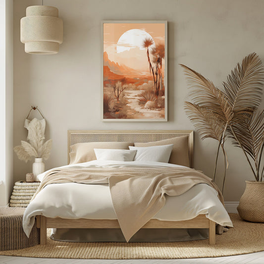 A serene digital print of a desert landscape with cactus silhouettes and a soft pastel sunrise, offering a tranquil depiction of desert dawn for a peaceful home decor atmosphere.