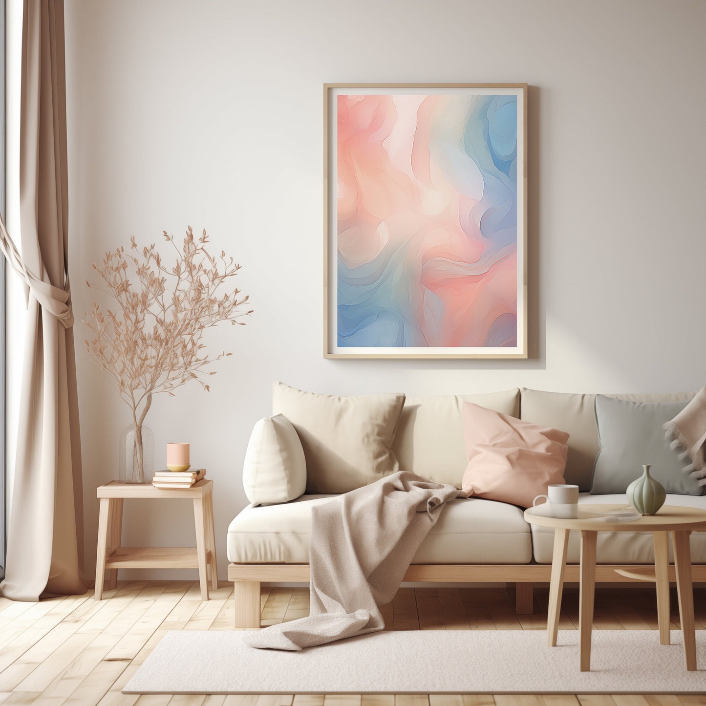 Digital art print featuring abstract swirls in soothing pastel colors, creating a peaceful and modern aesthetic for any room seeking a touch of contemporary elegance.