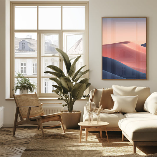 Digital print of abstract desert dunes under a pastel sunset, offering a minimalist and tranquil landscape to enhance modern home decor with a peaceful color scheme.