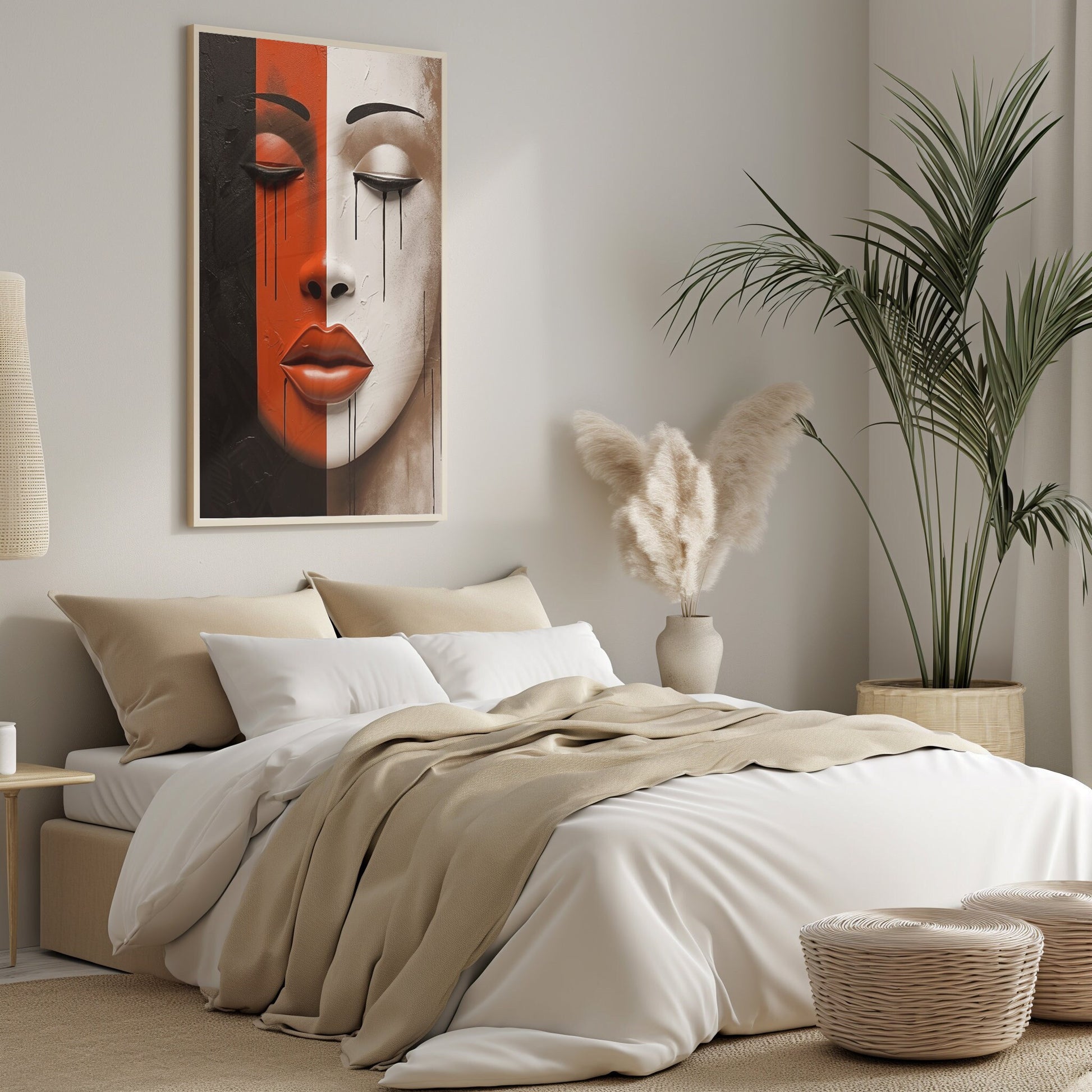 Contemporary dual-tone portrait titled &#39;Contrasting Elegance,&#39; featuring bold black and vibrant orange, creating a striking visual piece for stylish interior decor.