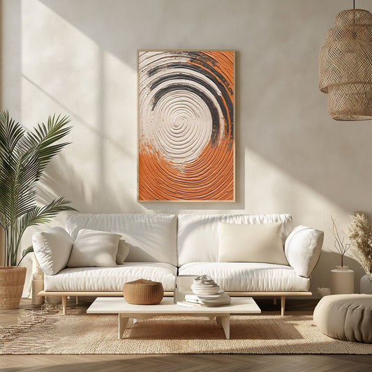 Digital art titled &#39;Orbit&#39;s Echo&#39; featuring an abstract spiral design in terracotta and earth tones, symbolizing organic motion and the rustic vibe of bohemian and mid-century aesthetics.