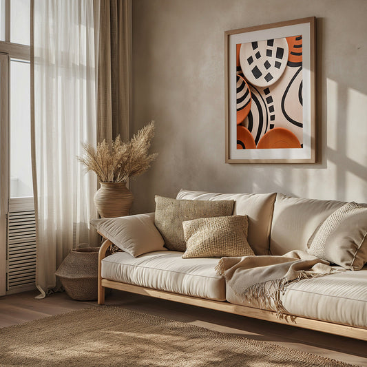 Abstract digital print &#39;Geometric Rhythms&#39; featuring terracotta and neutral tones in geometric swirl patterns, embodying minimalist boho and Nordic mid-century modern aesthetics for a warm, contemporary home ambiance.