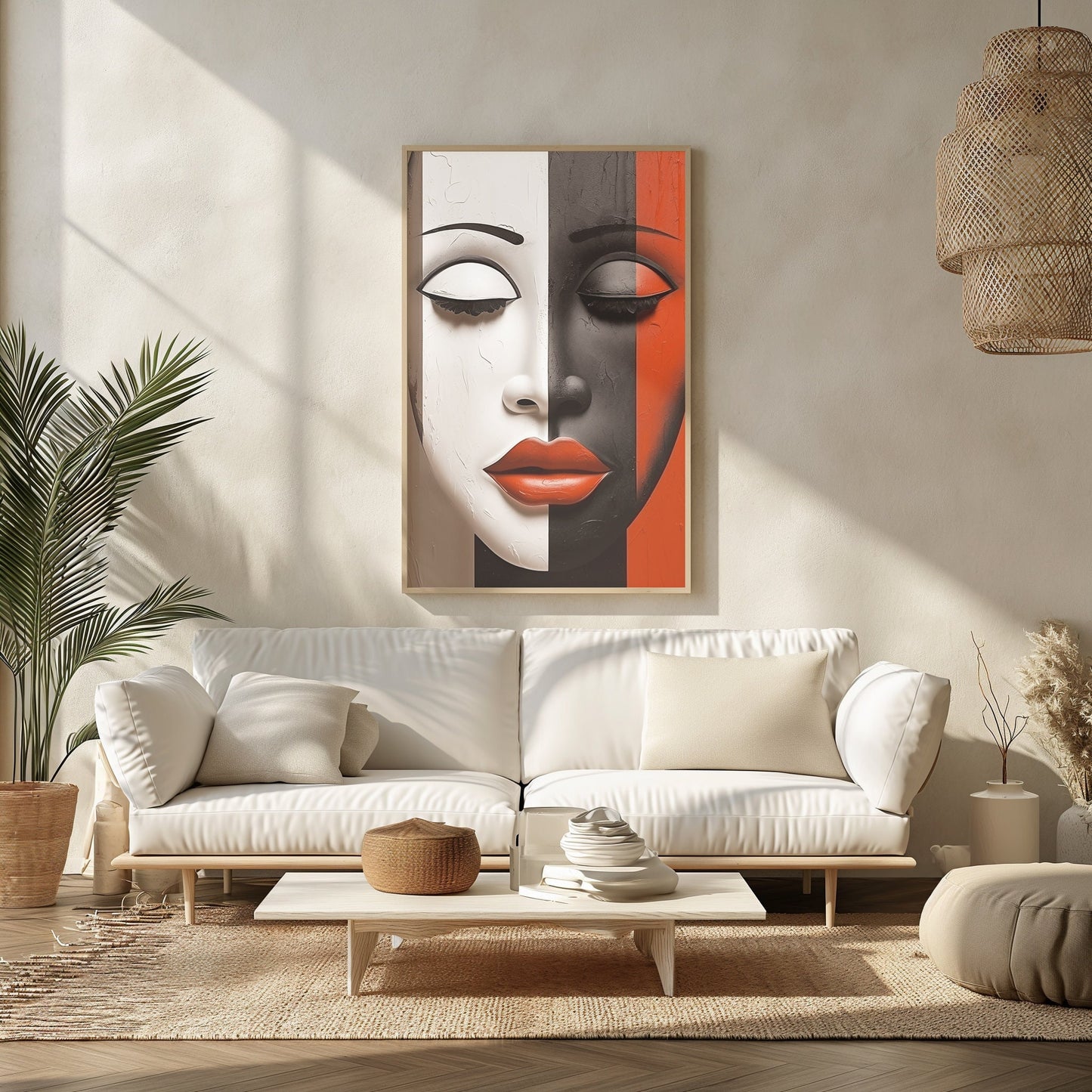 Digital portrait art &#39;Muse of Mystery&#39; showcasing an abstract female face in shades of grey and terracotta, embodying a fusion of boho chic and contemporary styles with a geometric contrast.