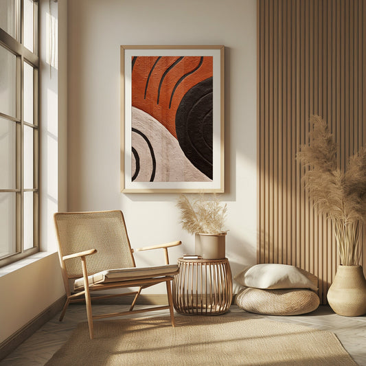 Abstract digital art featuring serene swirls in shades of orange, black, and cream, evoking a minimalist and bohemian aesthetic suitable for modern wall decor.