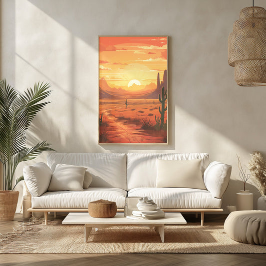 A digital print capturing the vibrant beauty of a desert sunset with cacti silhouettes, blending mid-century modern and boho chic styles for home decor.