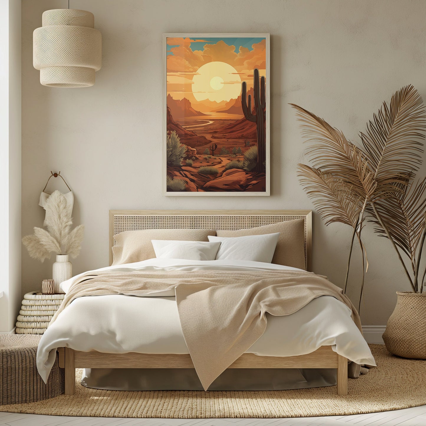 Tranquil Desert Sunset Art, Majestic Cactus Print, Mid Century Inspired Decor, Boho Serene Landscape, Sunlit Scenery Poster