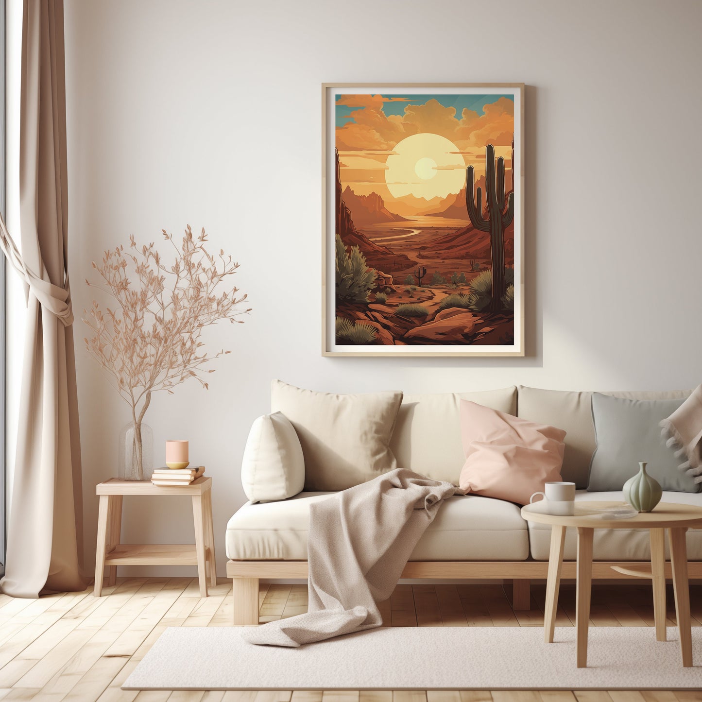 Tranquil Desert Sunset Art, Majestic Cactus Print, Mid Century Inspired Decor, Boho Serene Landscape, Sunlit Scenery Poster