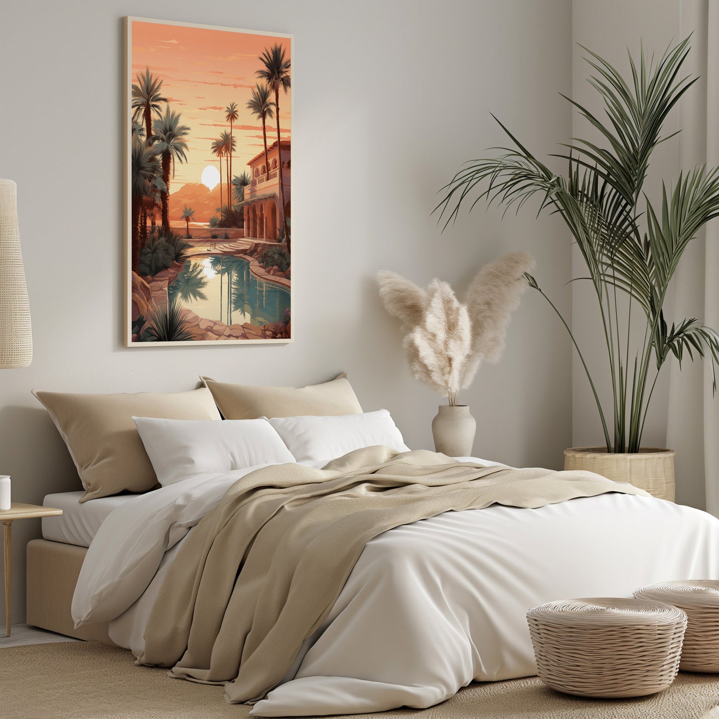 Oasis Sunset Palms Print, Mid Century Tropical Art, Boho Chic Paradise Poster, Palm Tree Reflection Art, Serene Landscape Decor