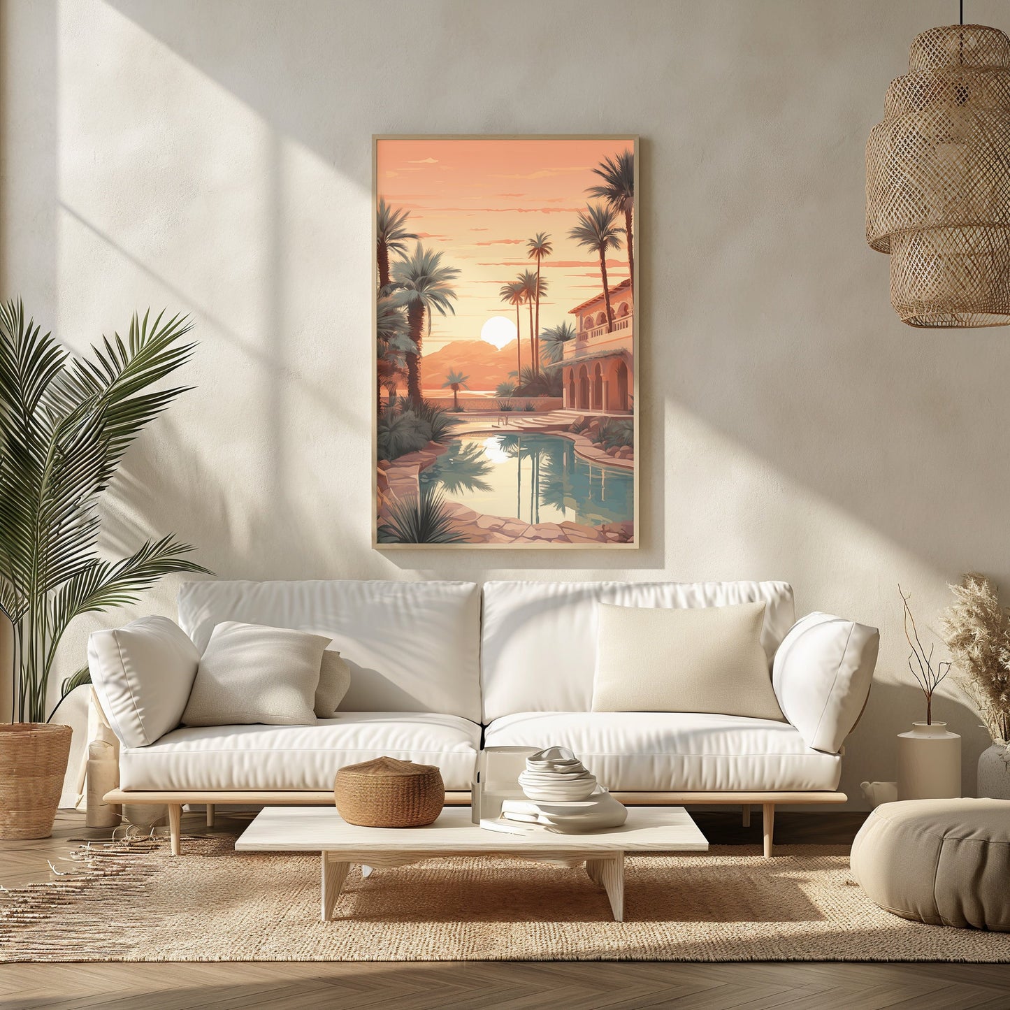 Oasis Sunset Palms Print, Mid Century Tropical Art, Boho Chic Paradise Poster, Palm Tree Reflection Art, Serene Landscape Decor