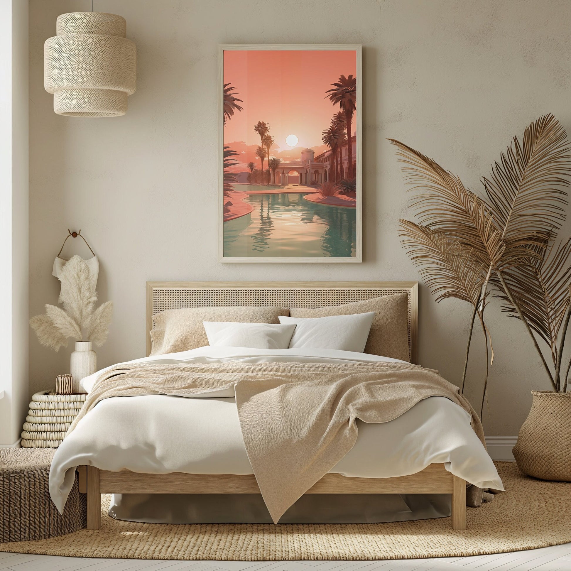 Art print of a tranquil palm oasis at sunset with warm tones and serene water reflections, styled in mid-century and bohemian decor themes.