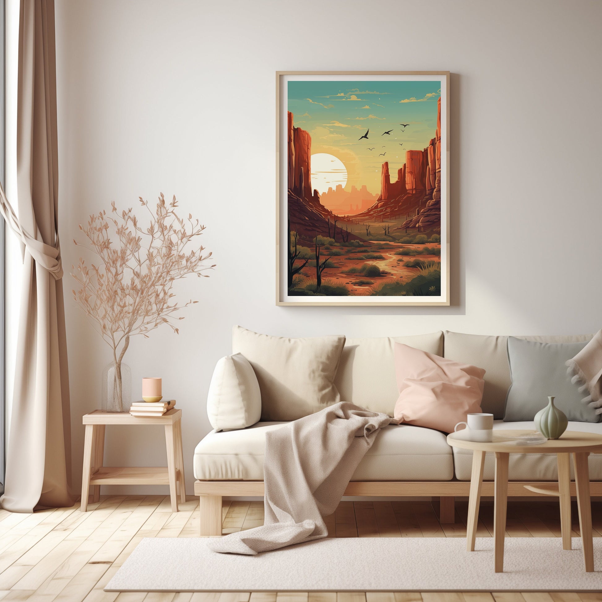 Digital print of a desert scene at dusk with a setting sun and birds in flight, reflecting mid-century design and boho chic tranquility for home decor.