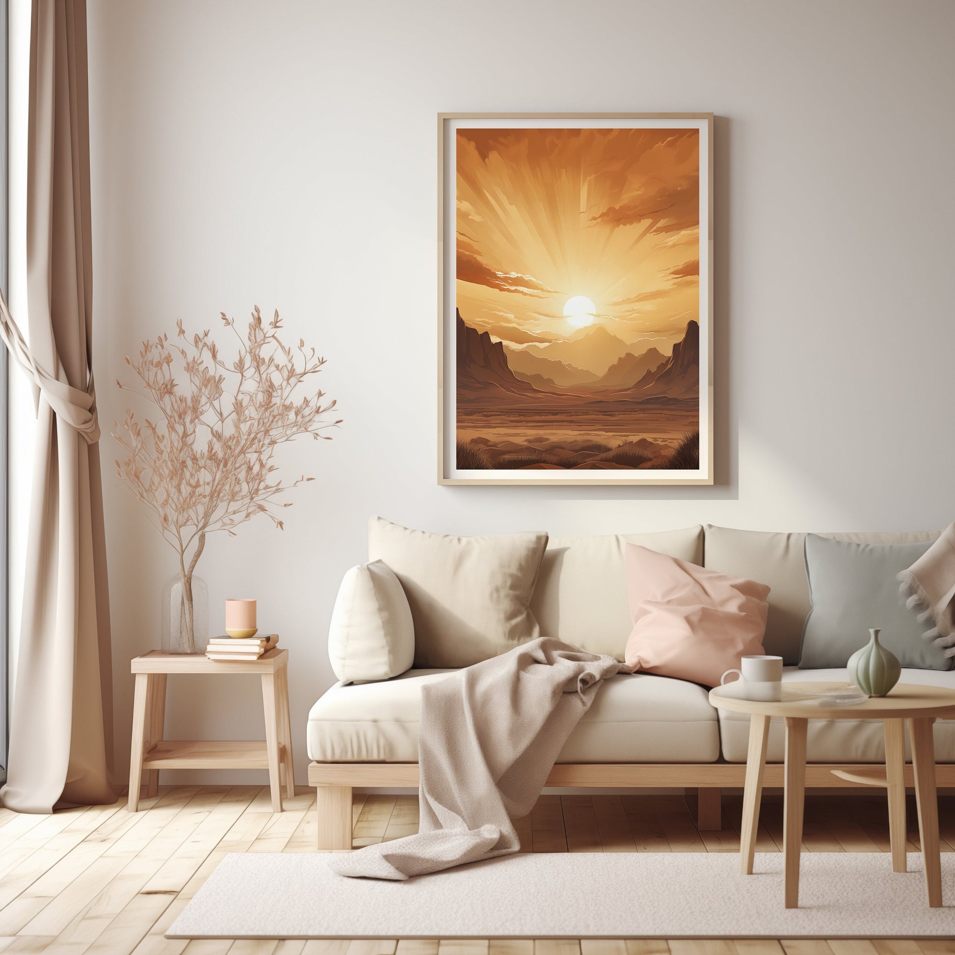 Elegant digital art print displaying the warm, tranquil sunset over a serene desert landscape, combining mid-century and boho chic styles.