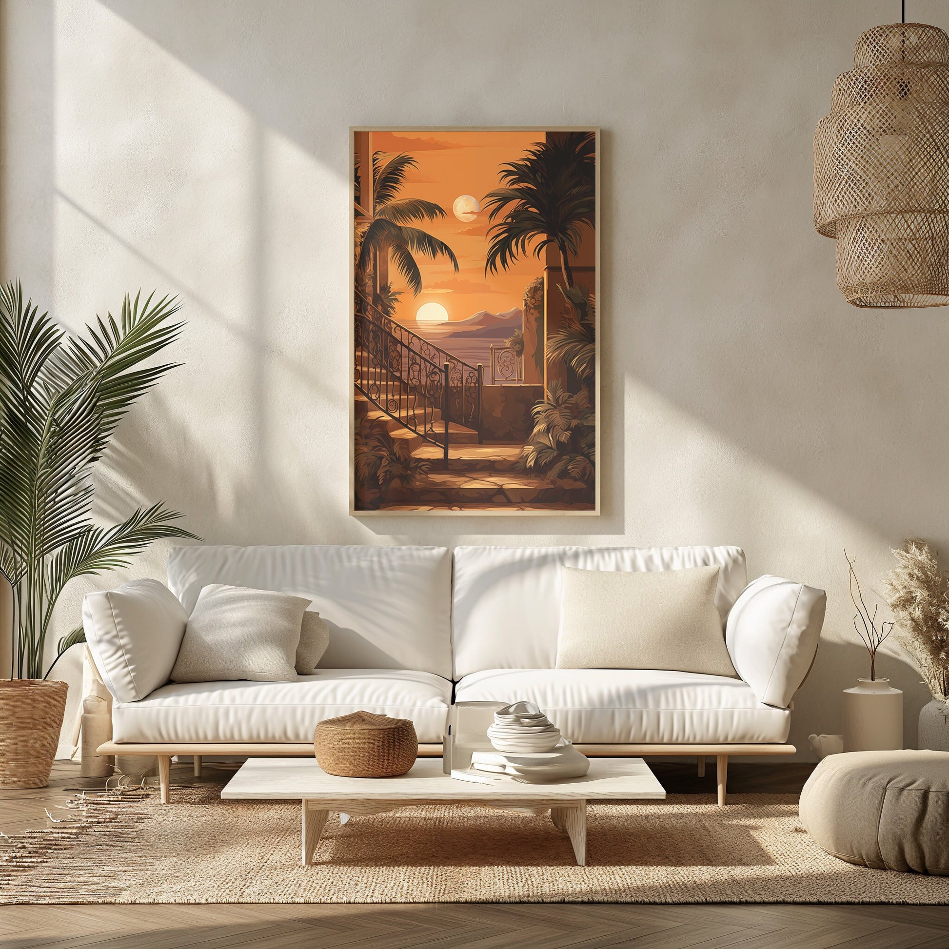 A digital art print depicting a tropical evening scene with palm trees silhouetted against a golden sunset sky, evoking warmth and tranquility.