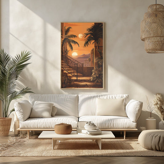 A digital art print depicting a tropical evening scene with palm trees silhouetted against a golden sunset sky, evoking warmth and tranquility.