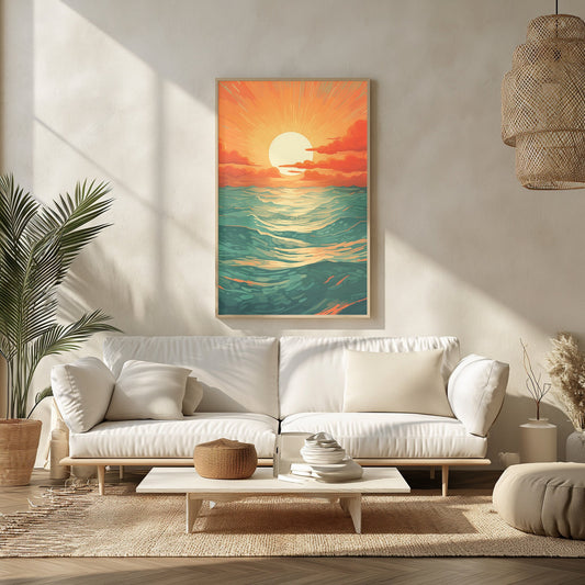 Digital art print of a sunset over the ocean, with radiant waves in shades of crimson and teal under a warm, glowing sun, ideal for coastal living room ambiance.