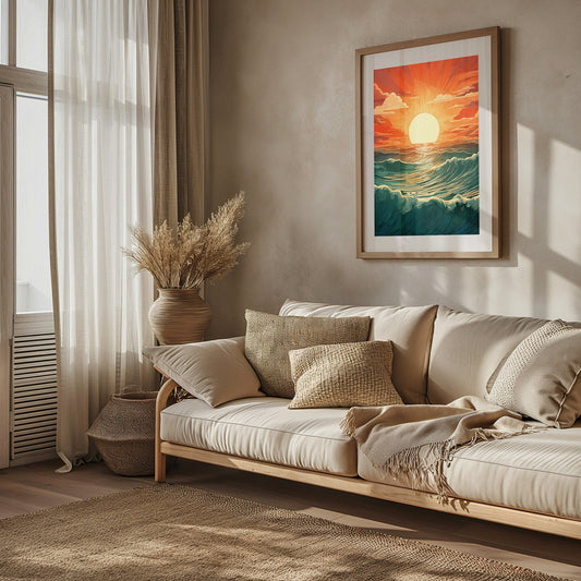 Stylized wall art of a golden sunset over the ocean with waves and sunbeams, ideal for adding a touch of tranquility and warmth to any home decor.