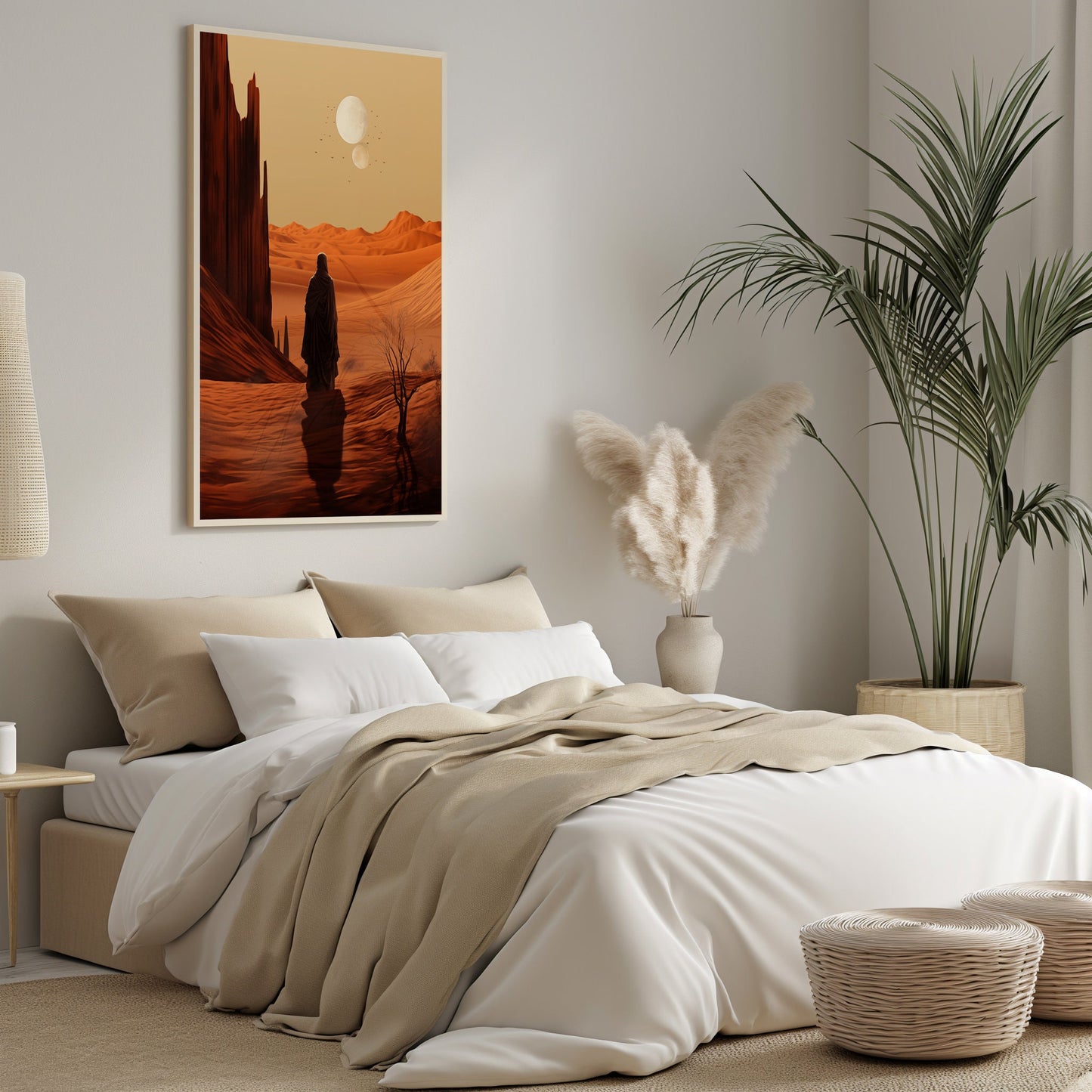 Serene Desert Dusk, Digital Boho Decor, Printable Artwork, Moonlight Canvas, Mid Century Design, Tranquil Wall Art