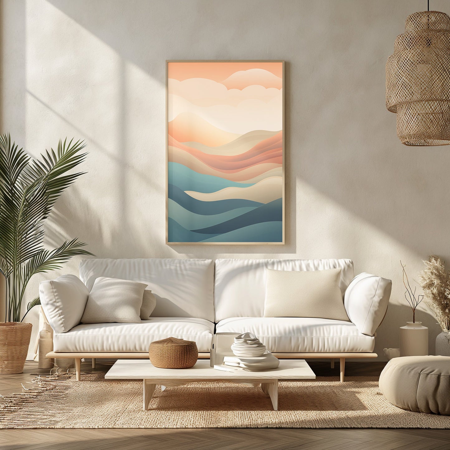 Abstract Sunrise Layers, Digital Landscape Art, Modern Boho Decor, Printable Sunrise Poster, Geometric Art, Warm Tone Wall Art