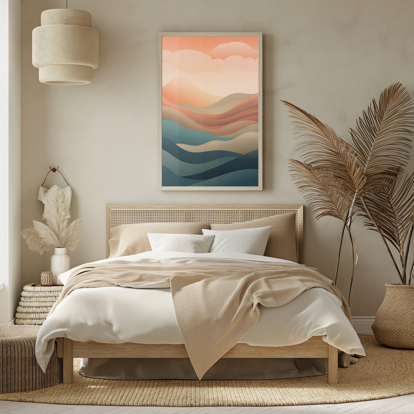 Abstract Sunrise Layers, Digital Landscape Art, Modern Boho Decor, Printable Sunrise Poster, Geometric Art, Warm Tone Wall Art