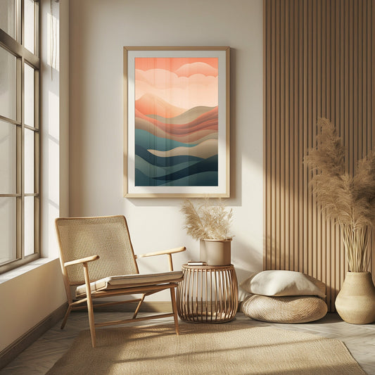 Modern abstract digital print of sunrise over layered hills, featuring a warm color scheme and geometric design, displayed in a chic home interior.