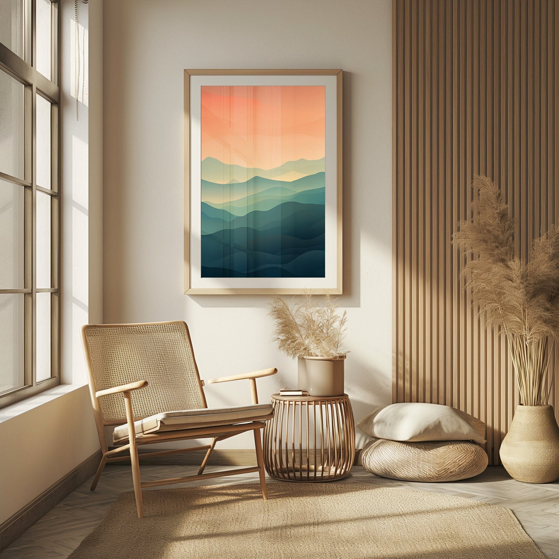 Abstract digital print of peaceful rolling hills at sunset, with a rich palette of sunset colors, in a modern home setting.