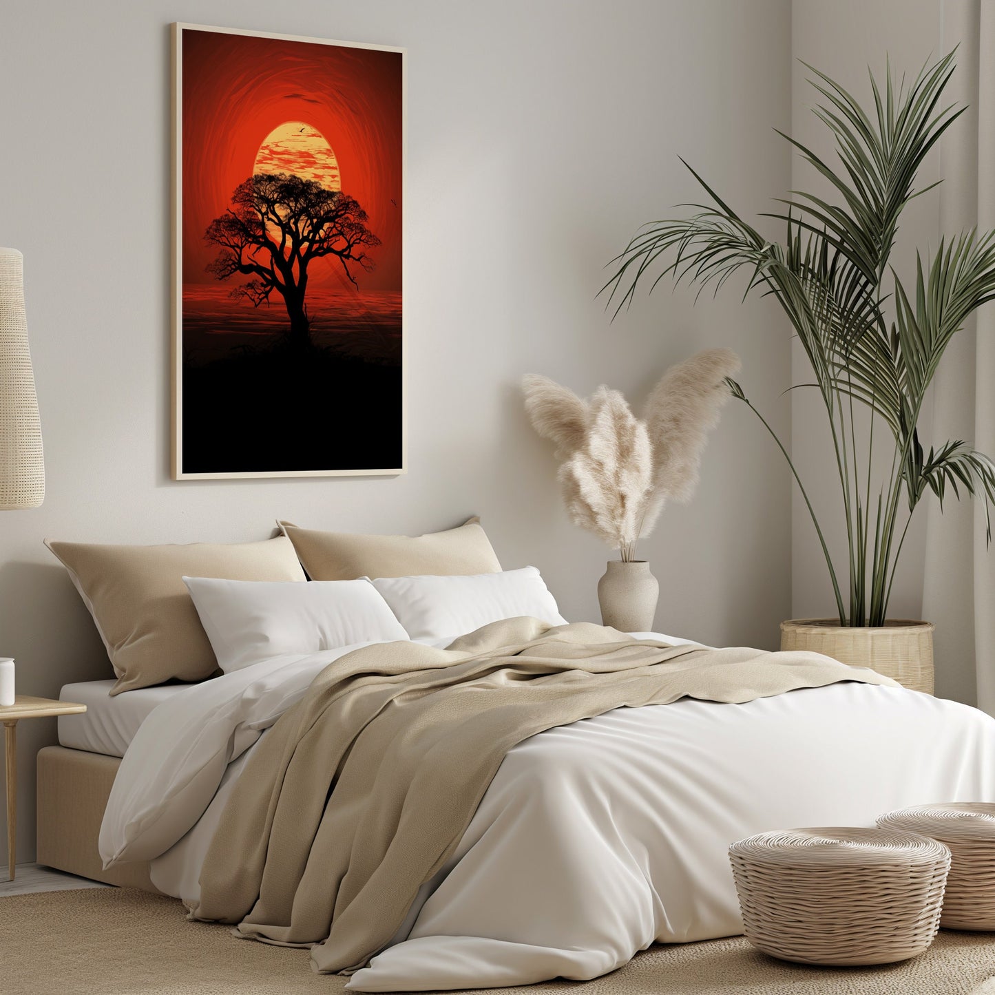 African Sunset Silhouette, Digital Savanna Tree Art, Warm Tone Wall Print, Rustic Boho Decor, Instant Download Nature Poster