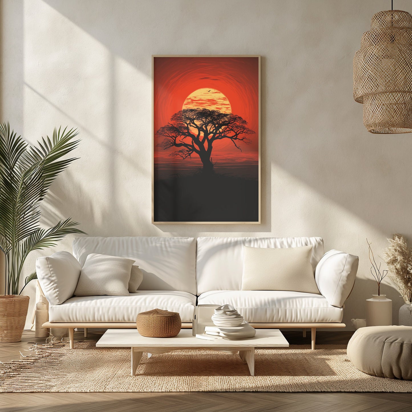 African Sunset Silhouette, Digital Savanna Tree Art, Warm Tone Wall Print, Rustic Boho Decor, Instant Download Nature Poster
