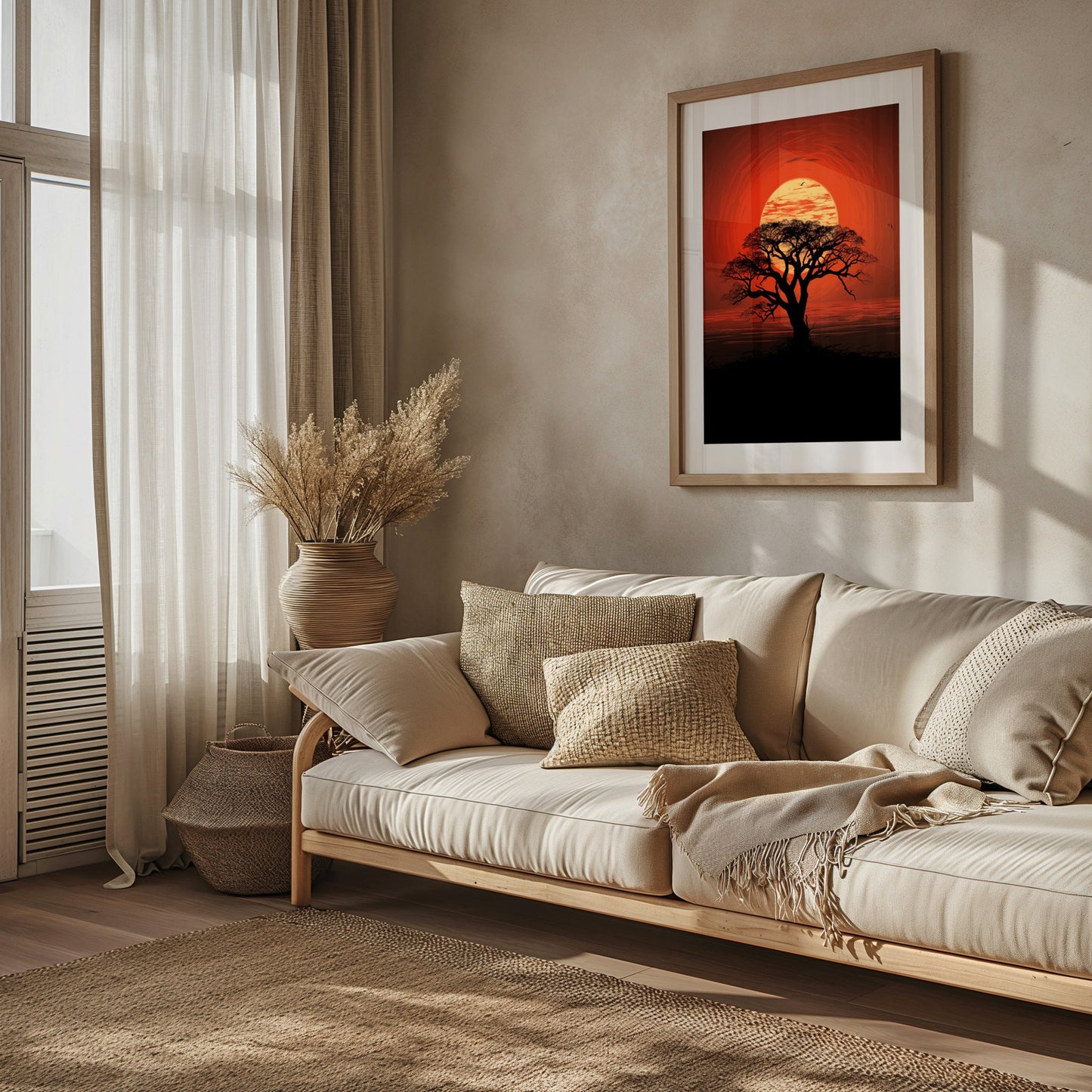 African Sunset Silhouette, Digital Savanna Tree Art, Warm Tone Wall Print, Rustic Boho Decor, Instant Download Nature Poster