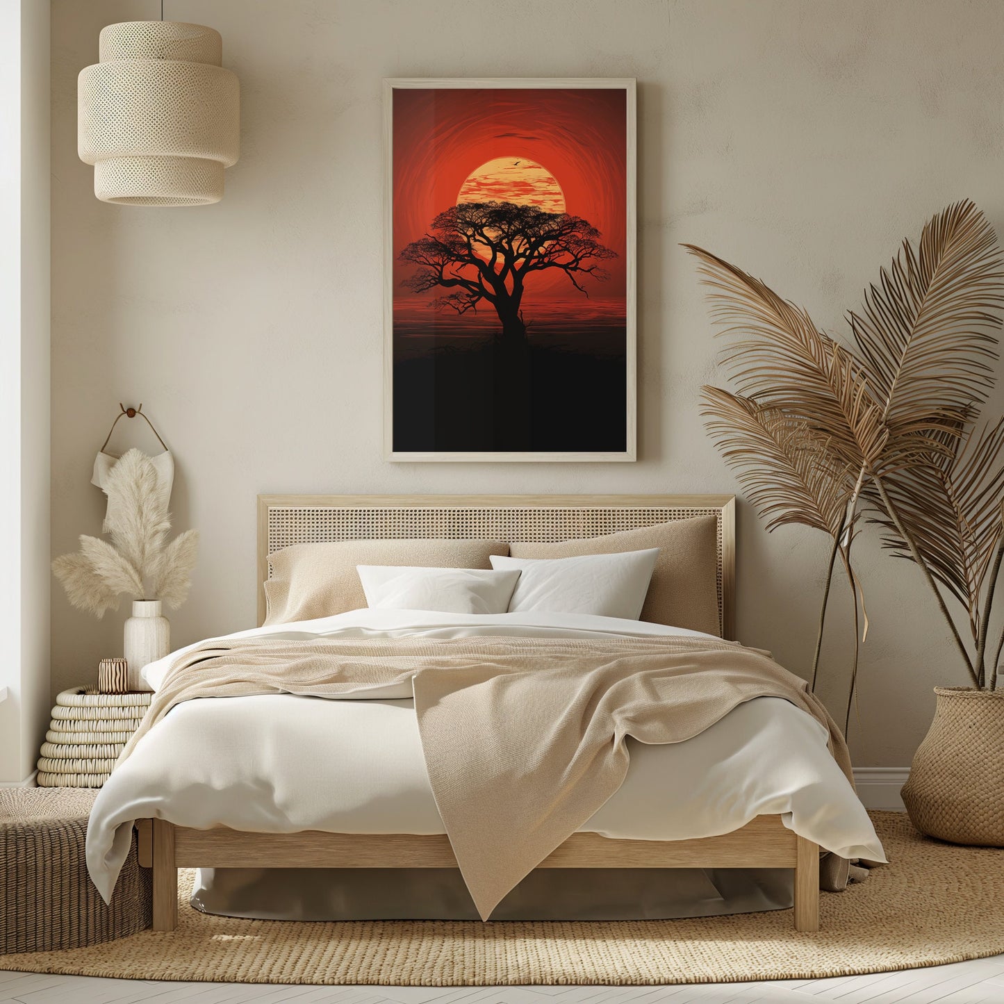 African Sunset Silhouette, Digital Savanna Tree Art, Warm Tone Wall Print, Rustic Boho Decor, Instant Download Nature Poster
