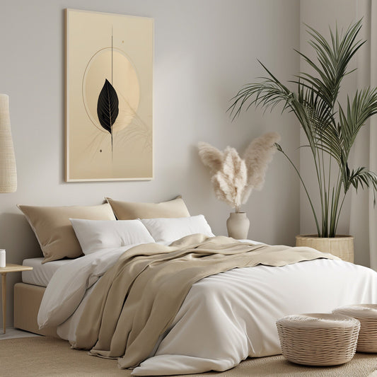 An elegant and minimalist digital print of a leaf in neutral tones, perfect for adding a botanical touch to a modern bedroom decor.