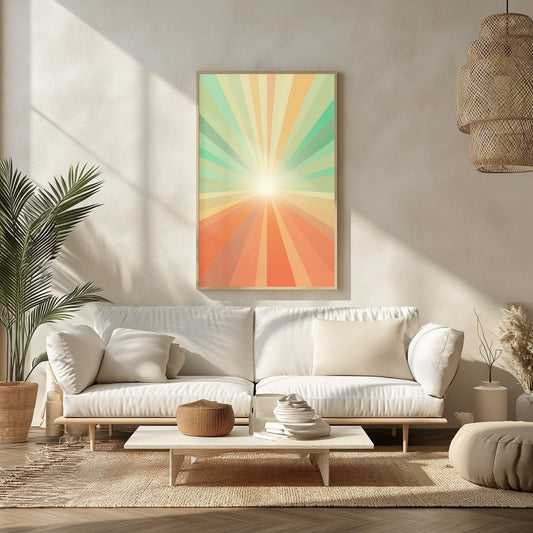 Digital abstract art with a radiant sunburst pattern in warm orange and cool teal colors.