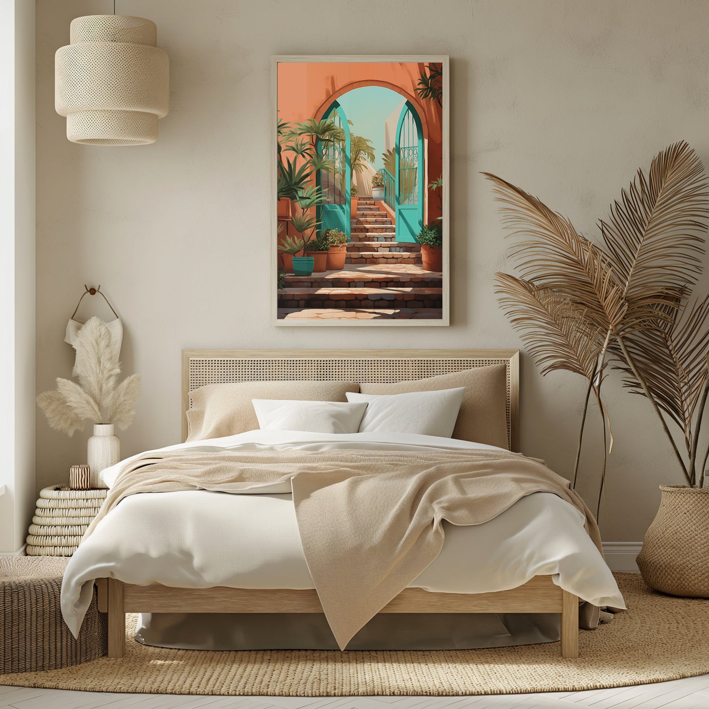 Mediterranean Archway View Art, Digital Coastal Stairway Print, Serene Bedroom Wall Art, Sunset Palms Decor