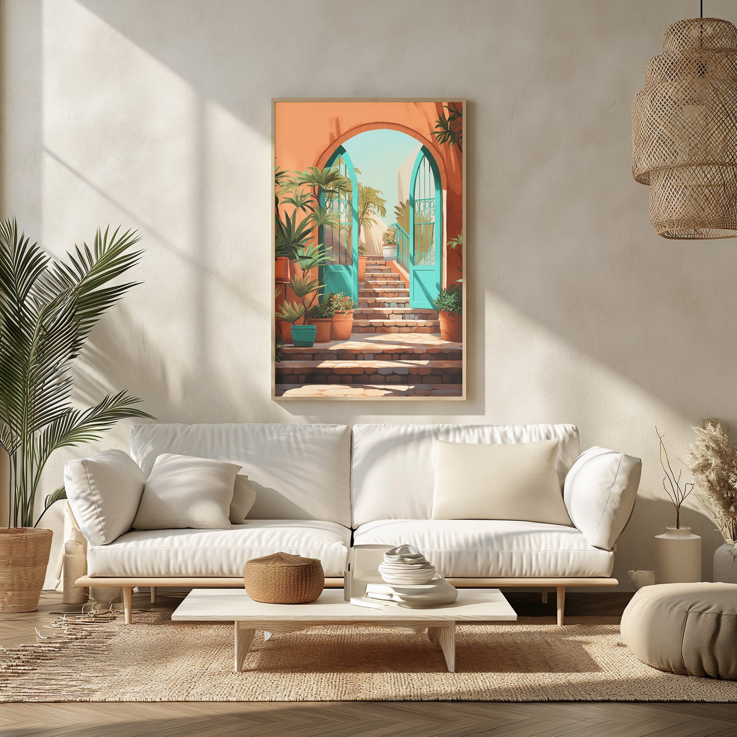 Mediterranean Archway View Art, Digital Coastal Stairway Print, Serene Bedroom Wall Art, Sunset Palms Decor