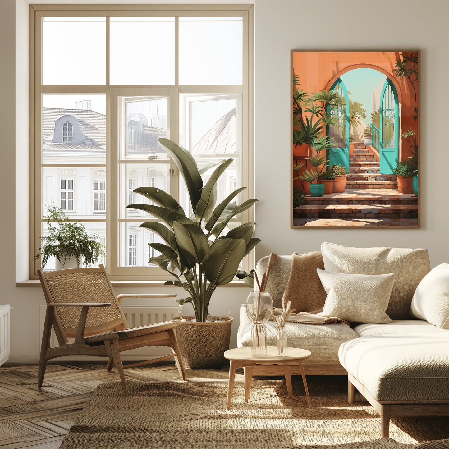 Mediterranean Archway View Art, Digital Coastal Stairway Print, Serene Bedroom Wall Art, Sunset Palms Decor