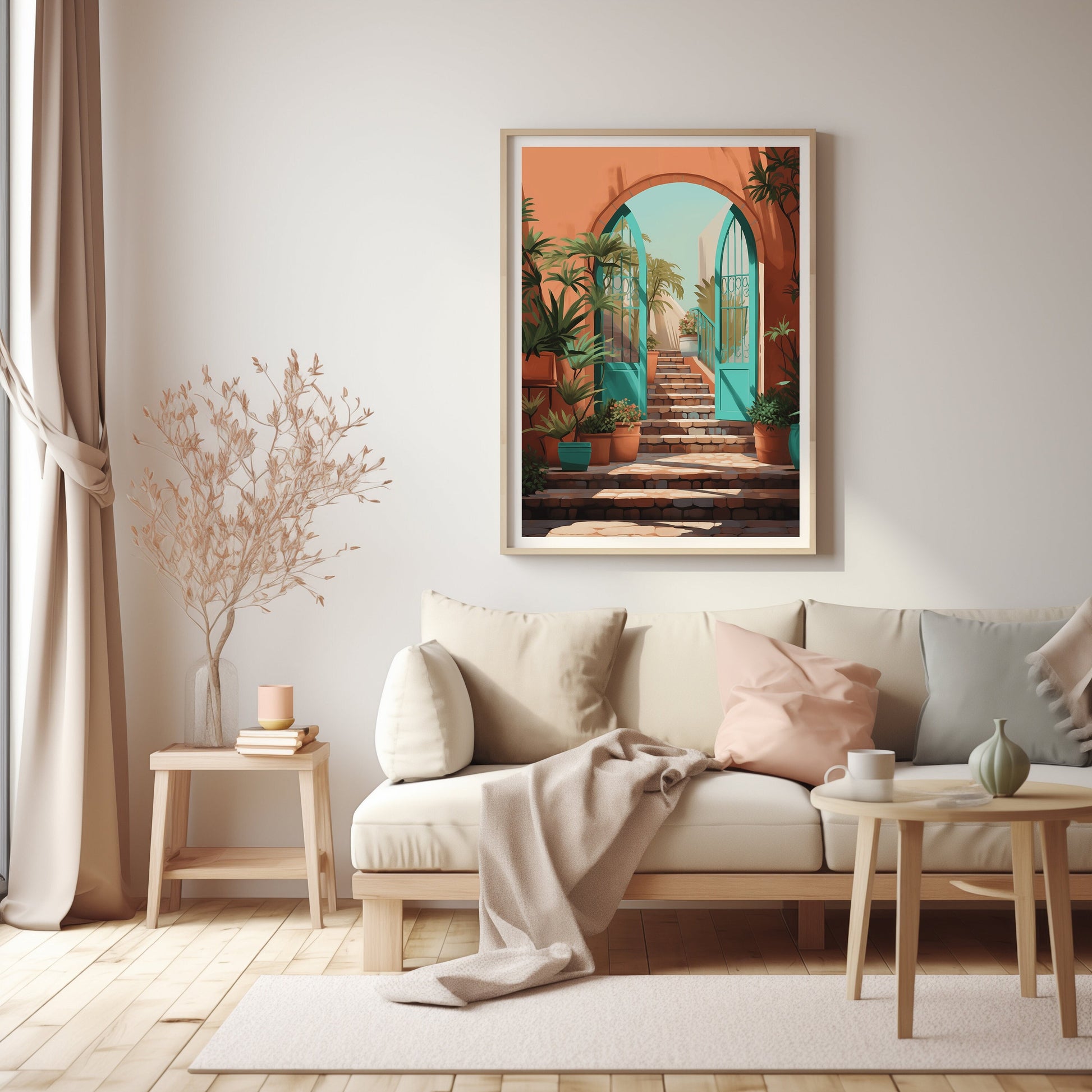 Digital print of a Mediterranean archway and stairway surrounded by palm trees with sunset colors, ideal for bedroom decor.