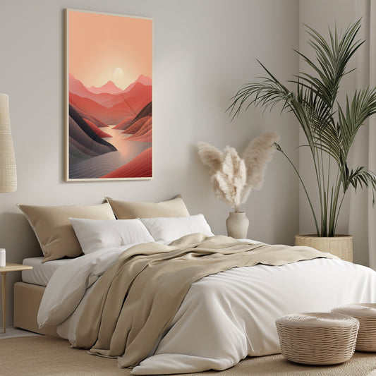 Minimalist digital landscape art of mountain ranges during sunset, in warm and cool shades, perfect for modern home interiors.