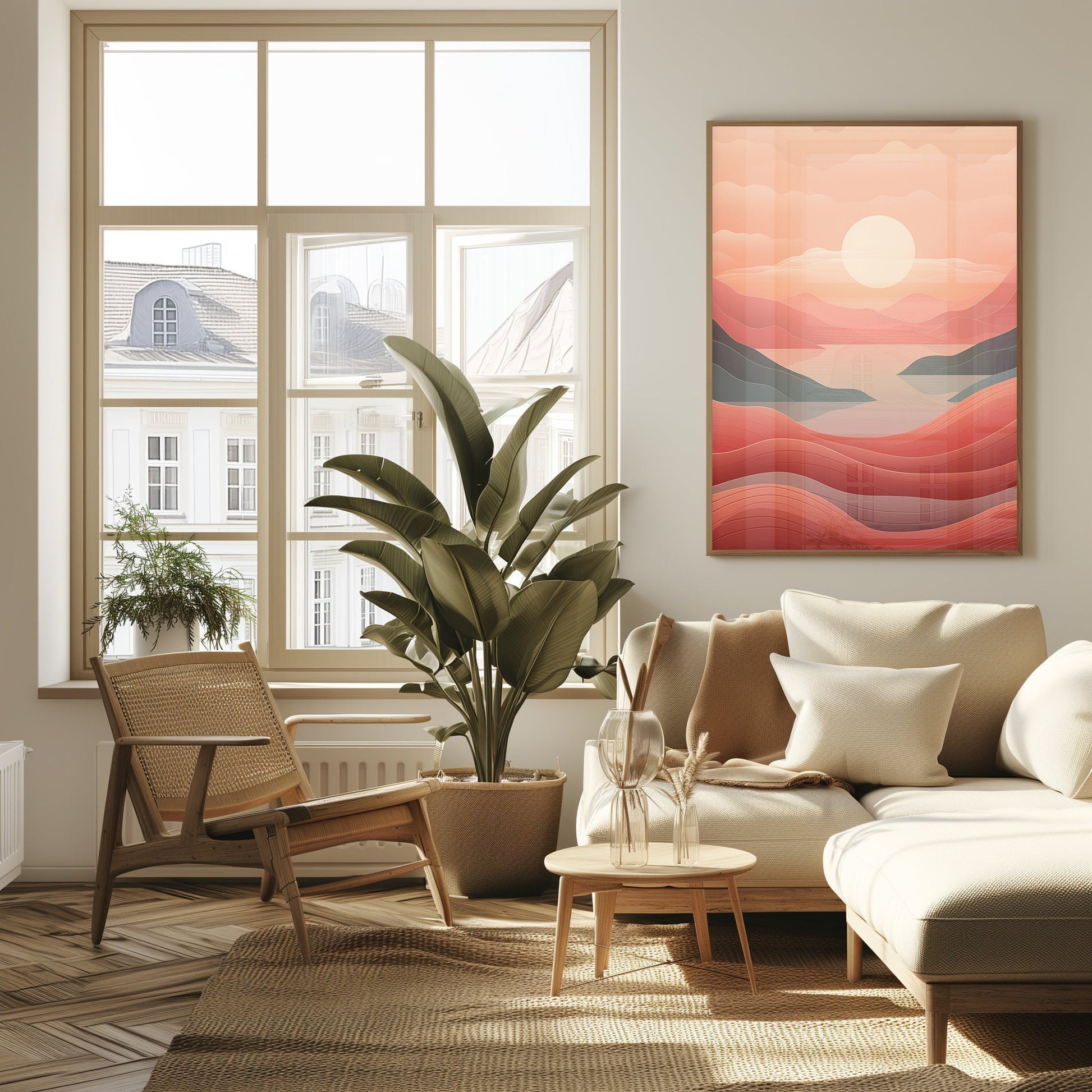 Abstract digital art of a sunrise over a cityscape, with rich warm tones blending into a modern apartment setting.